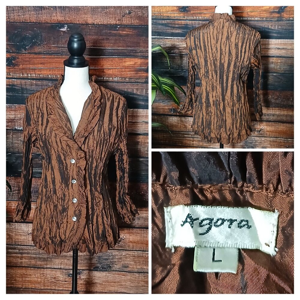 Agora Vintage Blouse Top L Brown Metallic Ruffle Crinkle Rhinestone Steampunk